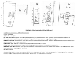 Highlights of the Colonial Jewish Burial Ground Map #, Name, Year of Stone- Additional Information A1, 2, 4, - Unreadable A3