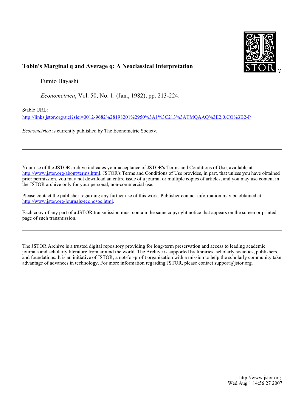 A Neoclassical Interpretation Fumio Hayashi Econometrica, Vol. 50, No. 1. (Jan., 1982), Pp