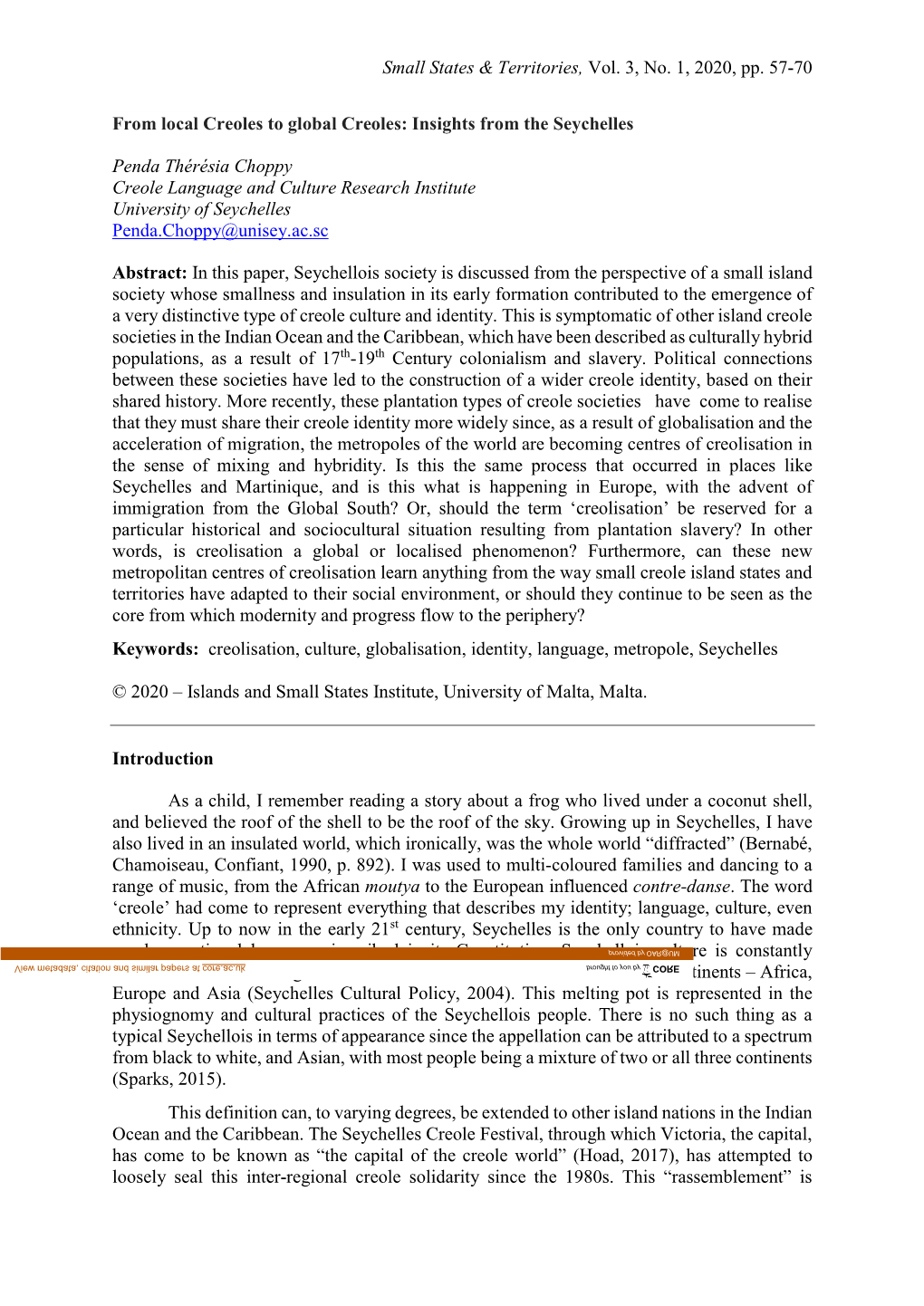 Small States & Territories, Vol. 3, No. 1, 2020, Pp. 57-70 From