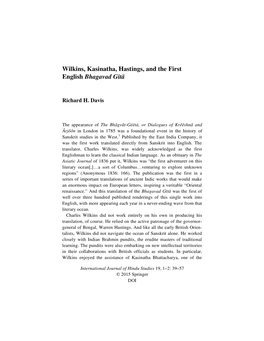 Wilkins, Kasinatha, Hastings, and the First English Bhagavad G⁄Tå