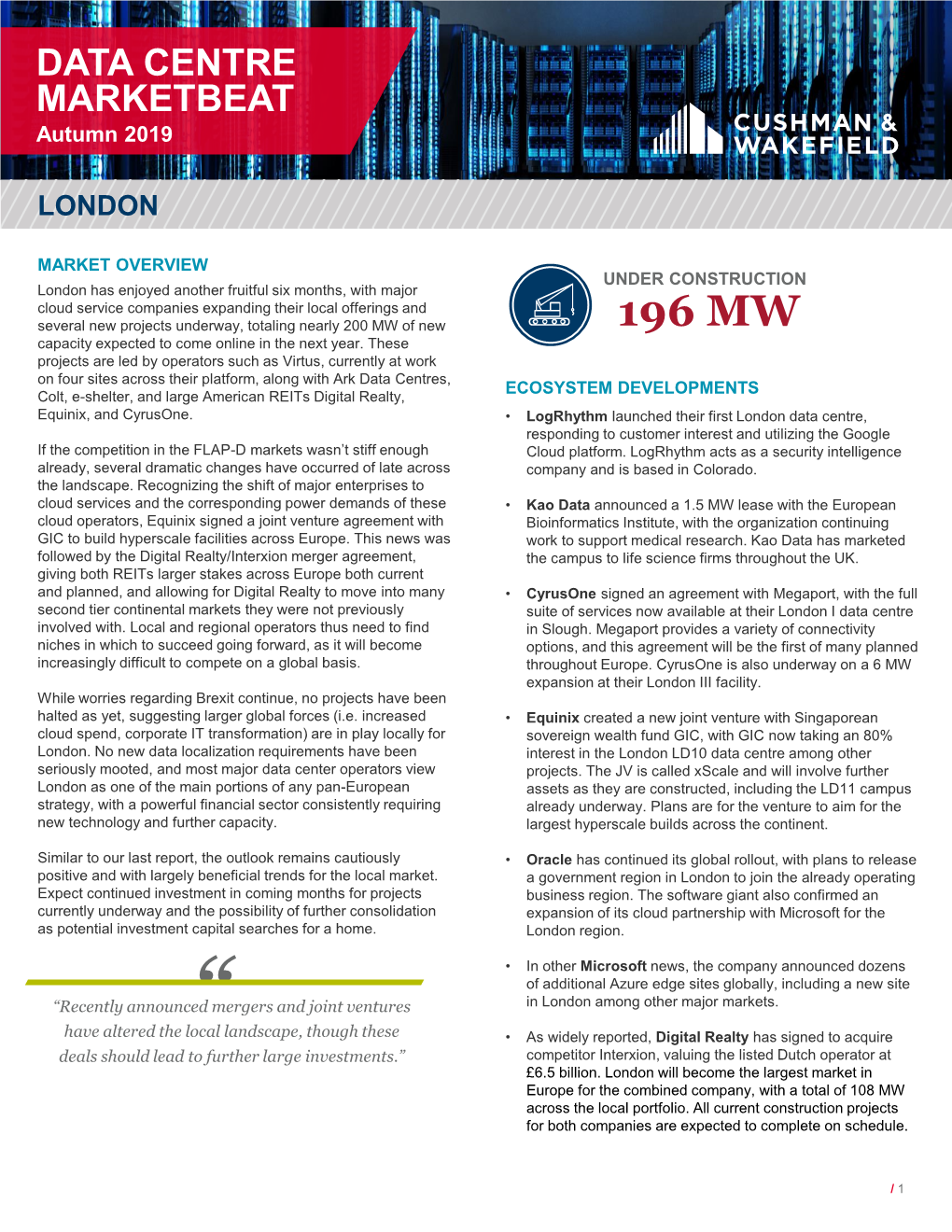 DATA CENTRE MARKETBEAT Autumn 2019