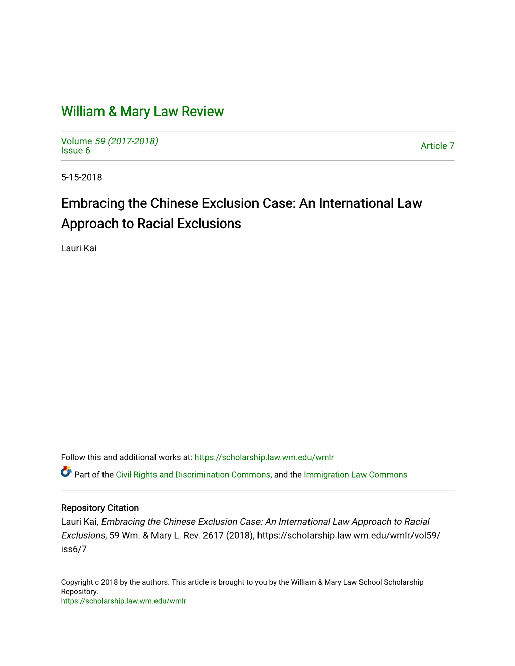 Embracing the Chinese Exclusion Case: an International Law Approach to Racial Exclusions