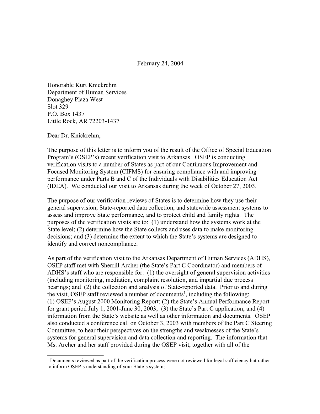 Arkansas Part C Verification Letter for Grant Year 2003-2004 (MS WORD)