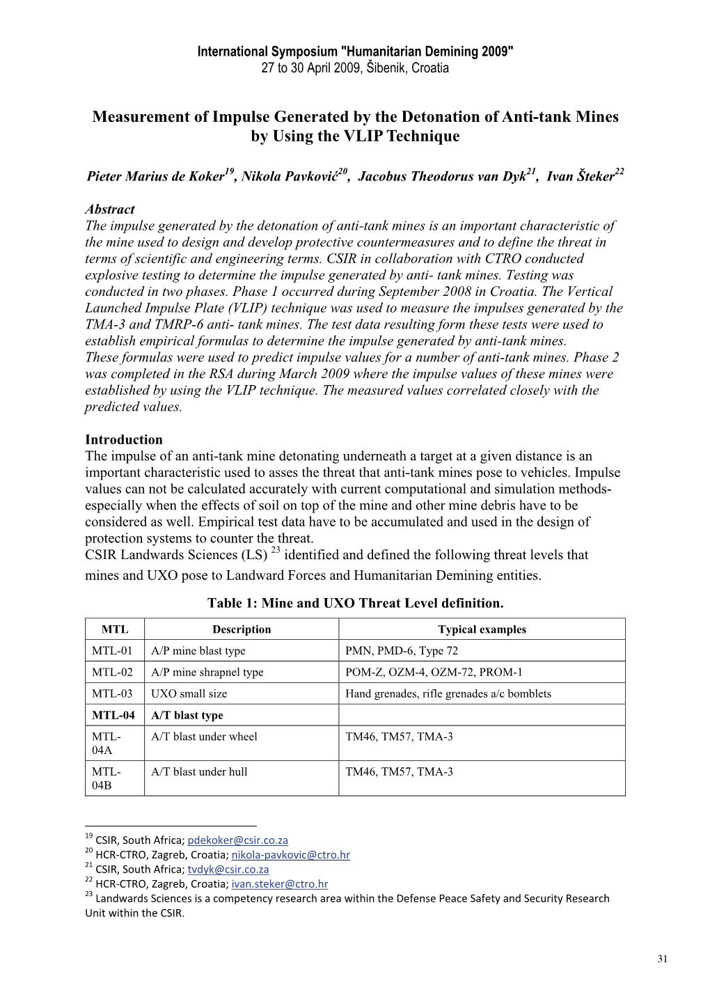 Measurement of Impulse Generated by the Detonation of Anti-Tank Mines by Using the VLIP Technique