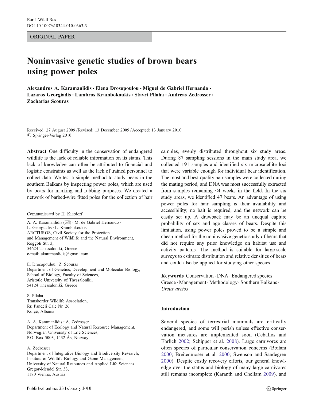 Noninvasive Genetic Studies of Brown Bears Using Power Poles