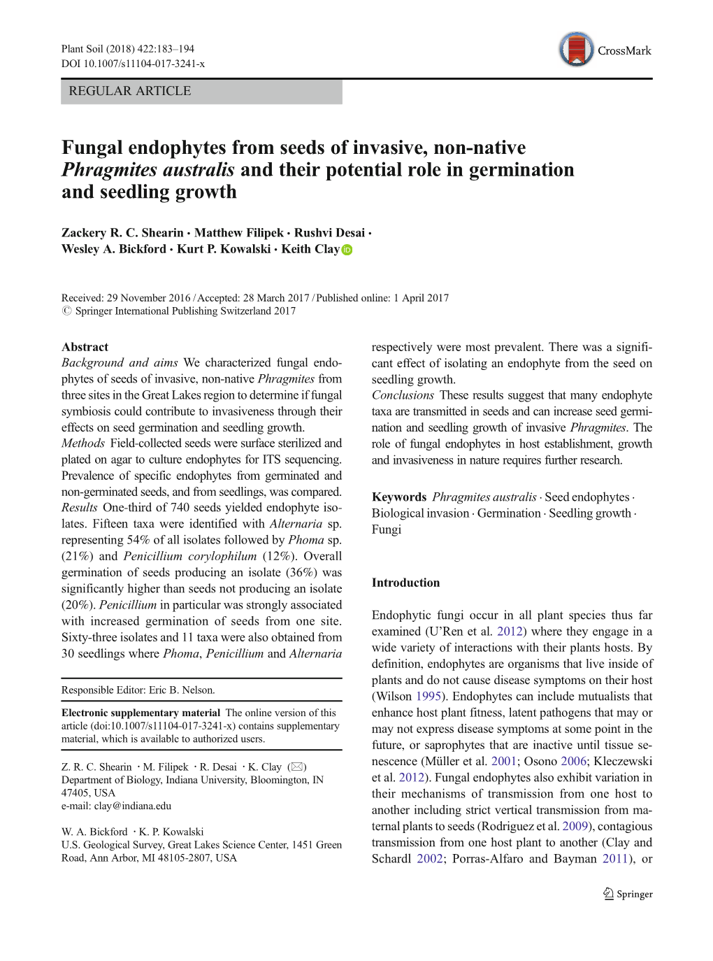 Fungal Endophytes from Seeds of Invasive, Non-Native Phragmites Australis and Their Potential Role in Germination and Seedling Growth