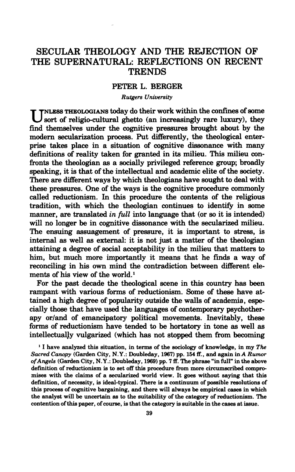 Secular Theology and the Rejection of the Supernatural: Reflections on Recent Trends Peter L