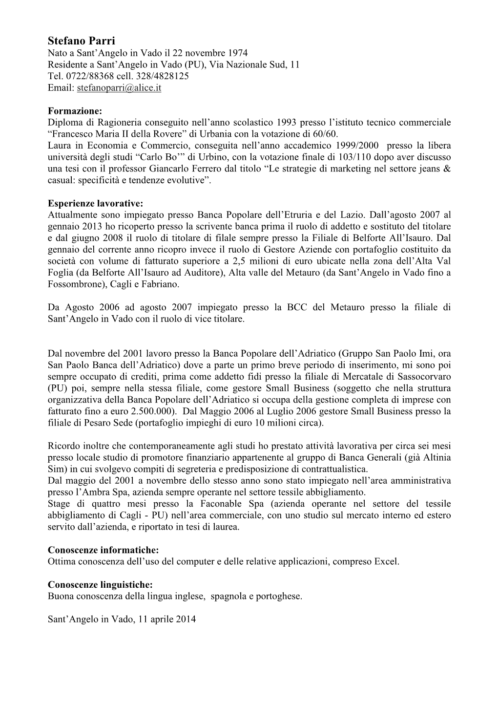 Curriculum Vitae Stefano Parri Per Ufficio Anagrafe