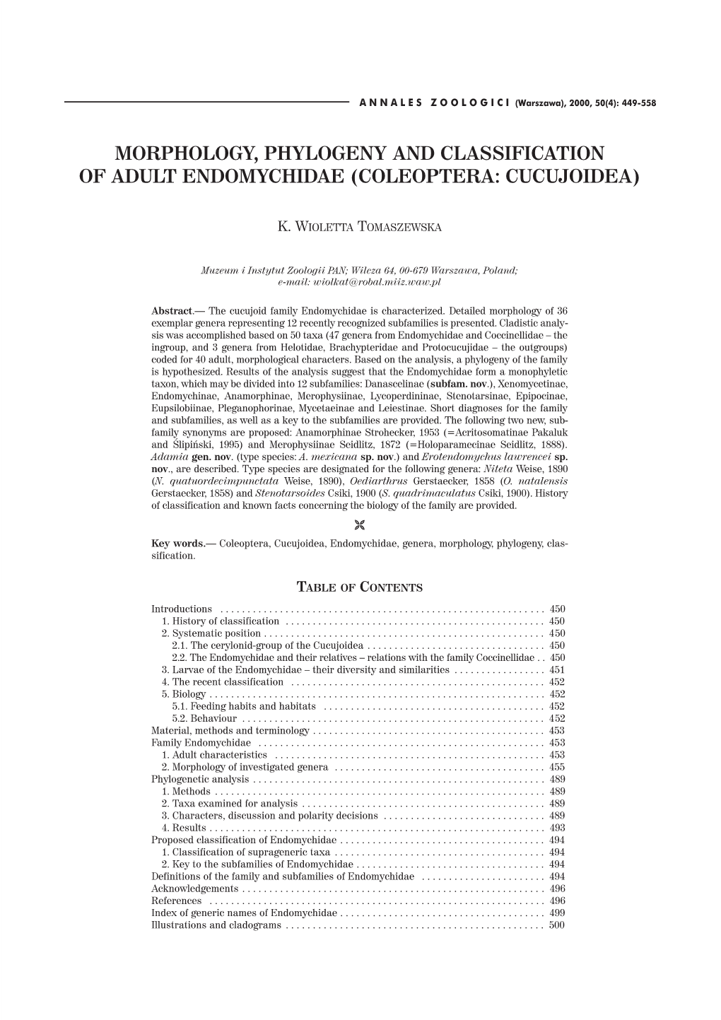 Morphology, Phylogeny and Classification of Adult Endomychidae (Coleoptera: Cucujoidea)