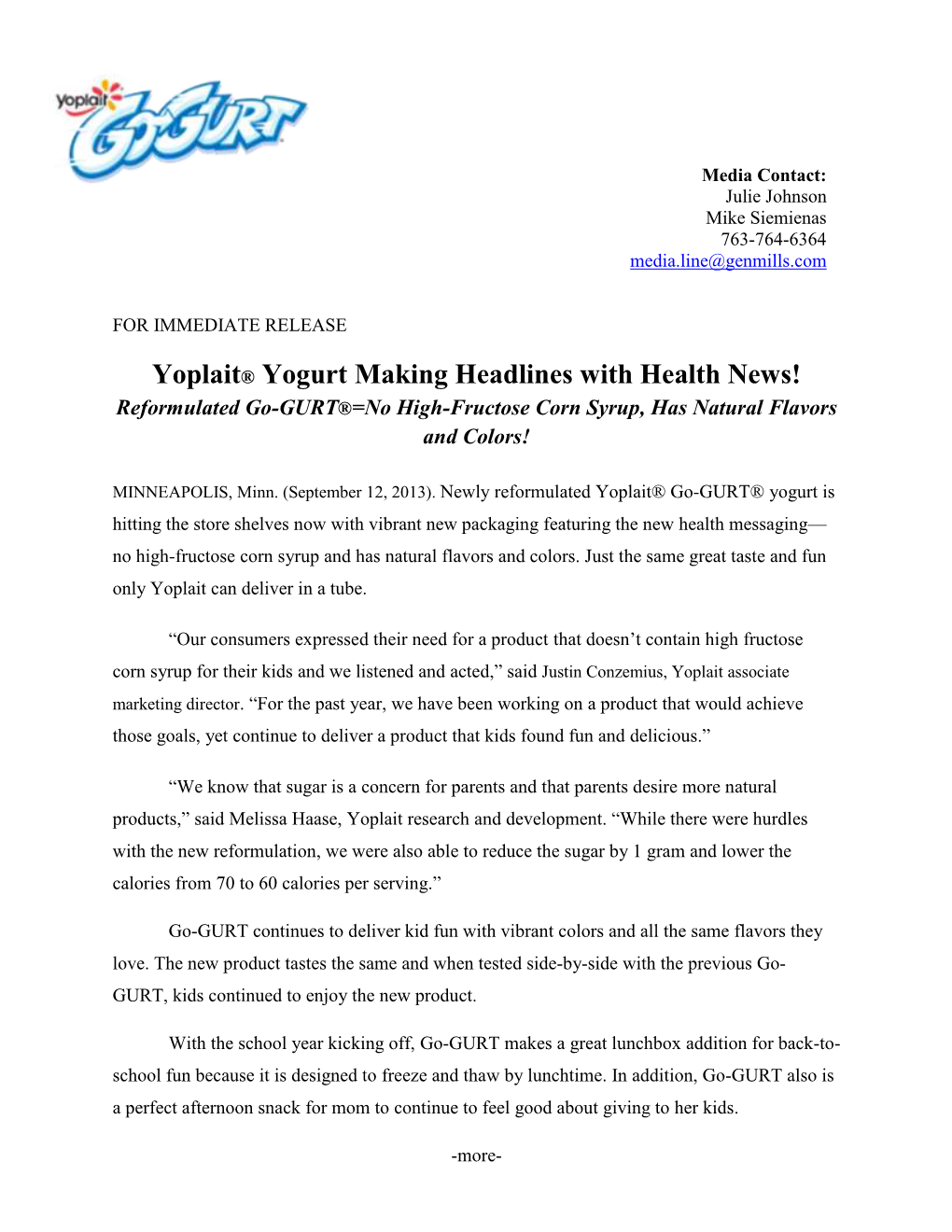 Yoplait® Yogurt Making Headlines with Health News! Reformulated Go-GURT®=No High-Fructose Corn Syrup, Has Natural Flavors and Colors!