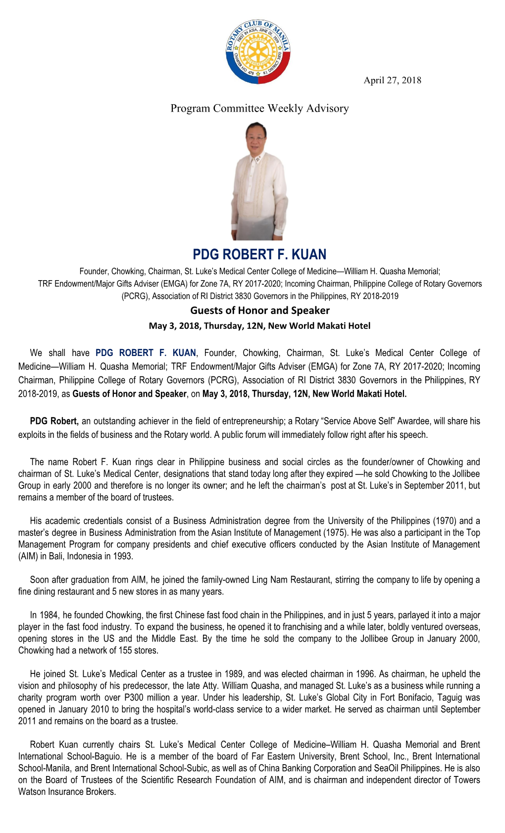 PDG ROBERT F. KUAN Founder, Chowking, Chairman, St