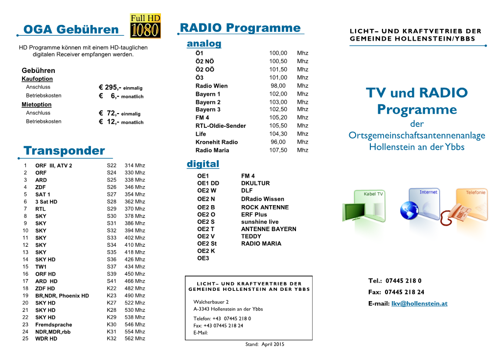 Tv Und Radio Programme Der Ortsgemeinschaftsantennenanlage Hollenstein an Der Ybbs