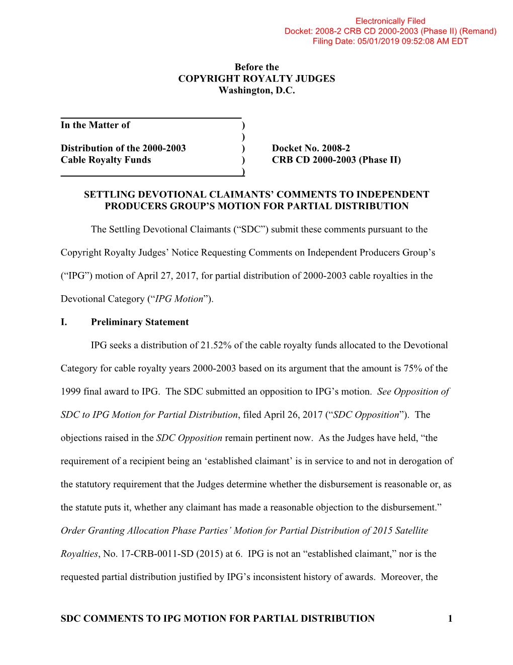 Sdc Comments to Ipg Motion for Partial Distribution 1