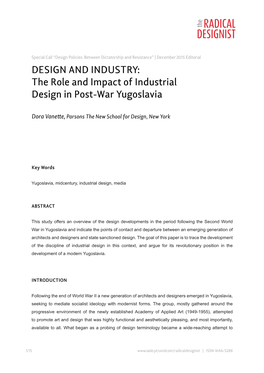 DESIGN and INDUSTRY: the Role and Impact of Industrial Design in Post-War Yugoslavia
