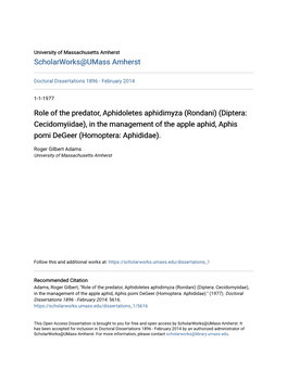 Role of the Predator, Aphidoletes Aphidimyza (Rondani) (Diptera: Cecidomyiidae), in the Management of the Apple Aphid, Aphis Pomi Degeer (Homoptera: Aphididae)