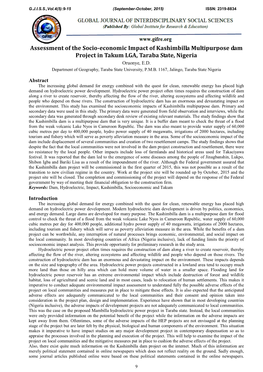 Assessment of the Socio-Economic Impact of Kashimbilla Multipurpose Dam Project in Takum LGA, Taraba State, Nigeria Oruonye, E.D