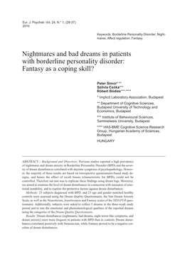 Nightmares and Bad Dreams in Patients with Borderline Personality Disorder: Fantasy As a Coping Skill?