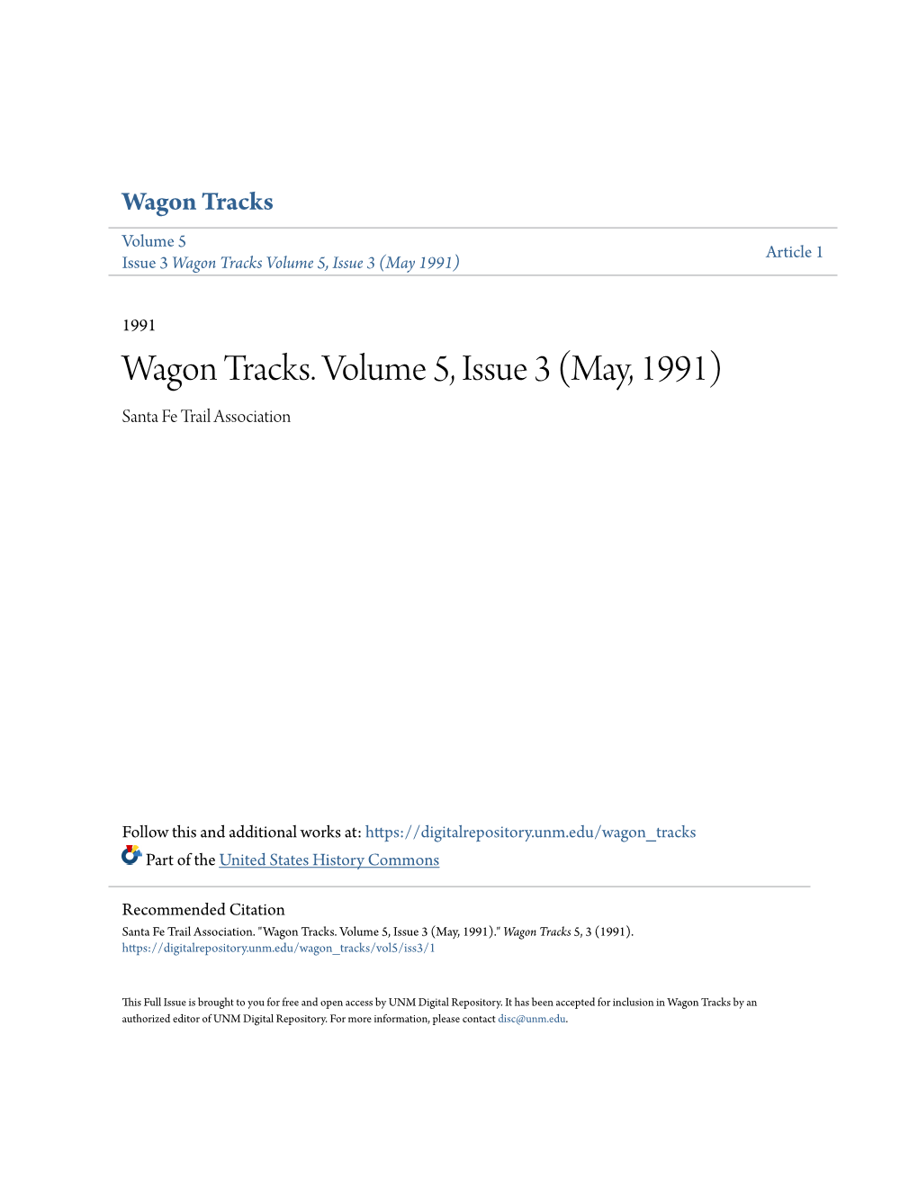 Wagon Tracks. Volume 5, Issue 3 (May, 1991) Santa Fe Trail Association