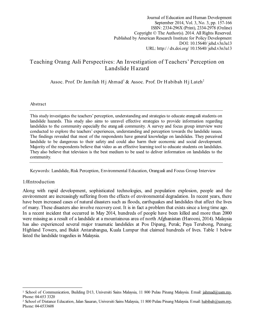 An Investigation of Teachers' Perception on Landslide Hazard