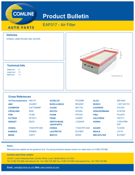 Product Bulletin EAF017 - Air Filter