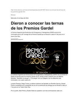 Dieron a Conocer Las Ternas De Los Premios Gardel