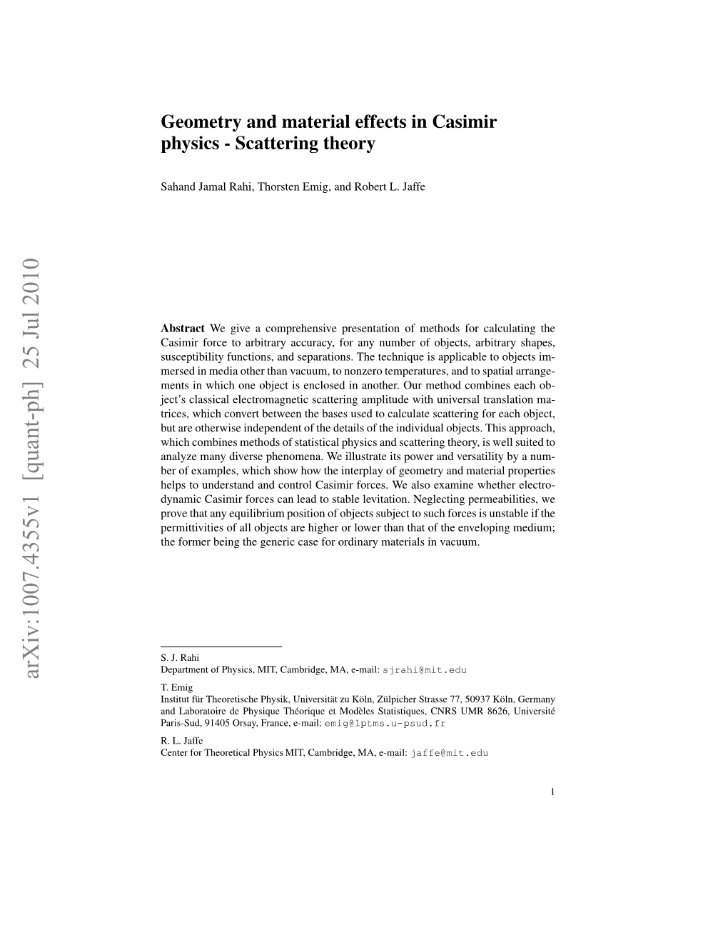 Geometry and Material Effects in Casimir Physics - Scattering Theory