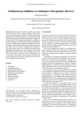 Cholinesterase Inhibitors As Alzheimer's Therapeutics (Review)