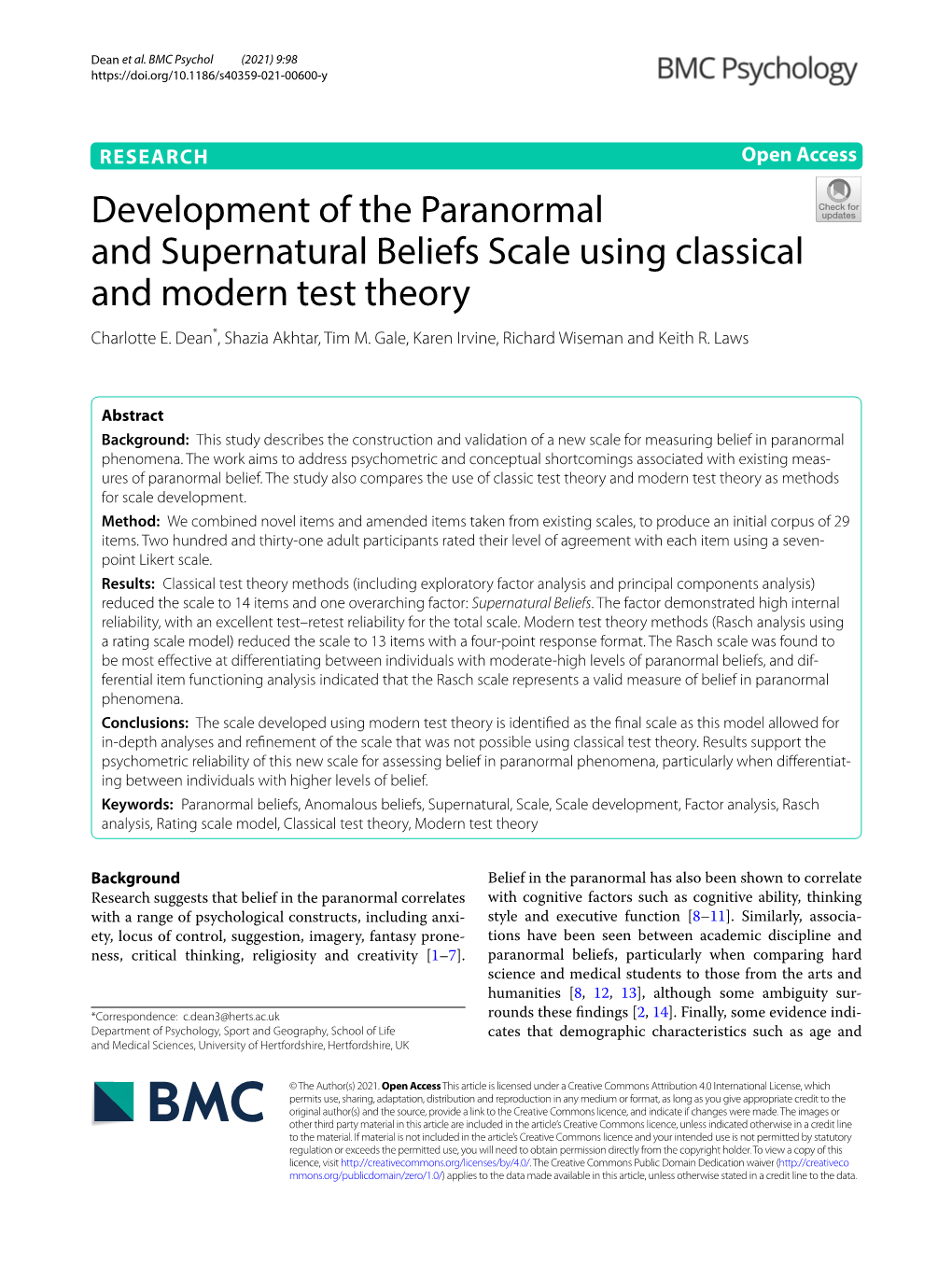 Development of the Paranormal and Supernatural Beliefs Scale Using Classical and Modern Test Theory Charlotte E