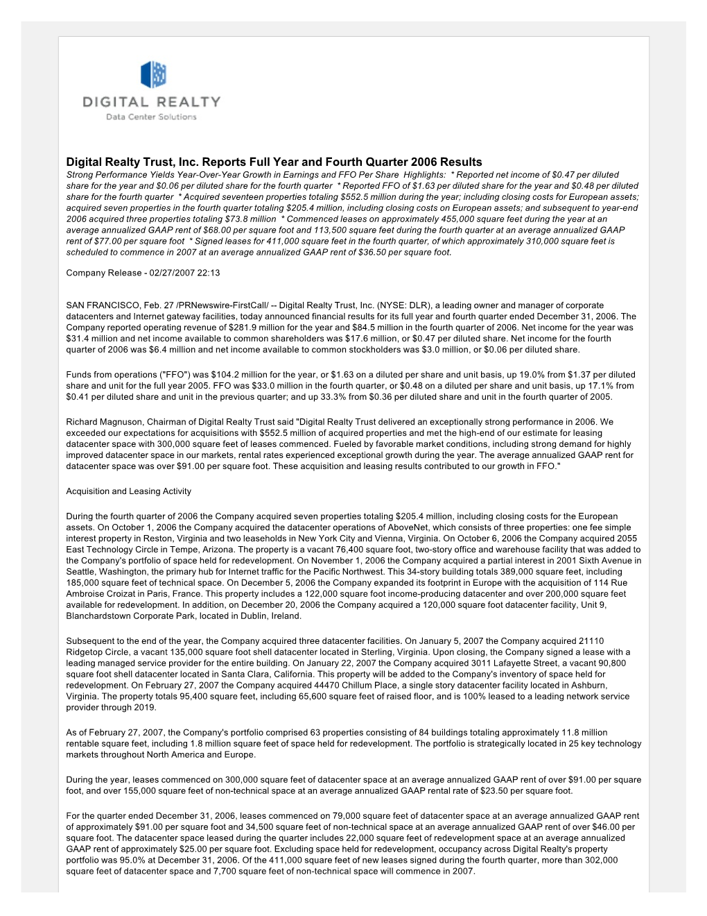 Digital Realty Trust, Inc. Reports Full Year and Fourth Quarter 2006 Results