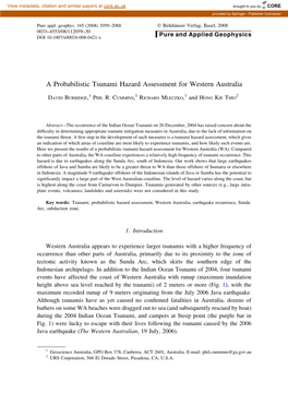 A Probabilistic Tsunami Hazard Assessment for Western Australia
