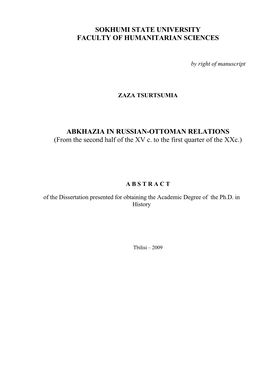 SOKHUMI STATE UNIVERSITY FACULTY of HUMANITARIAN SCIENCES ABKHAZIA in RUSSIAN-OTTOMAN RELATIONS (From the Second Half of the XV