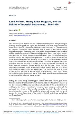 Land Reform, Henry Rider Haggard, and the Politics of Imperial Settlement, 1900–1920