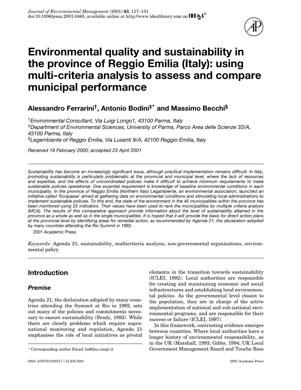 Environmental Quality and Sustainability in the Province of Reggio Emilia (Italy): Using Multi-Criteria Analysis to Assess and Compare Municipal Performance