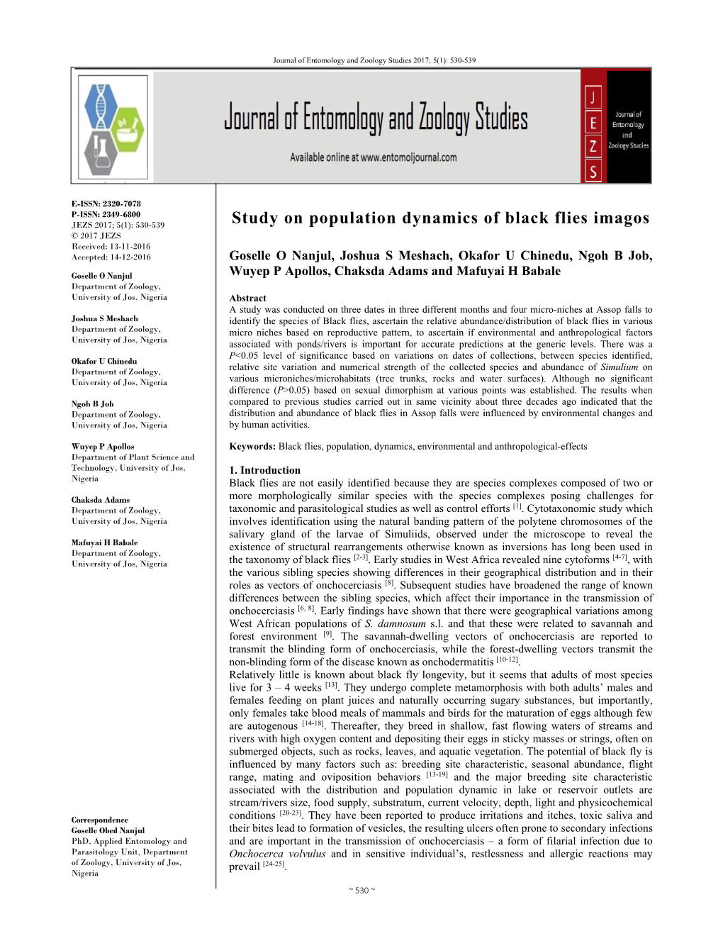 Study on Population Dynamics of Black Flies Imagos