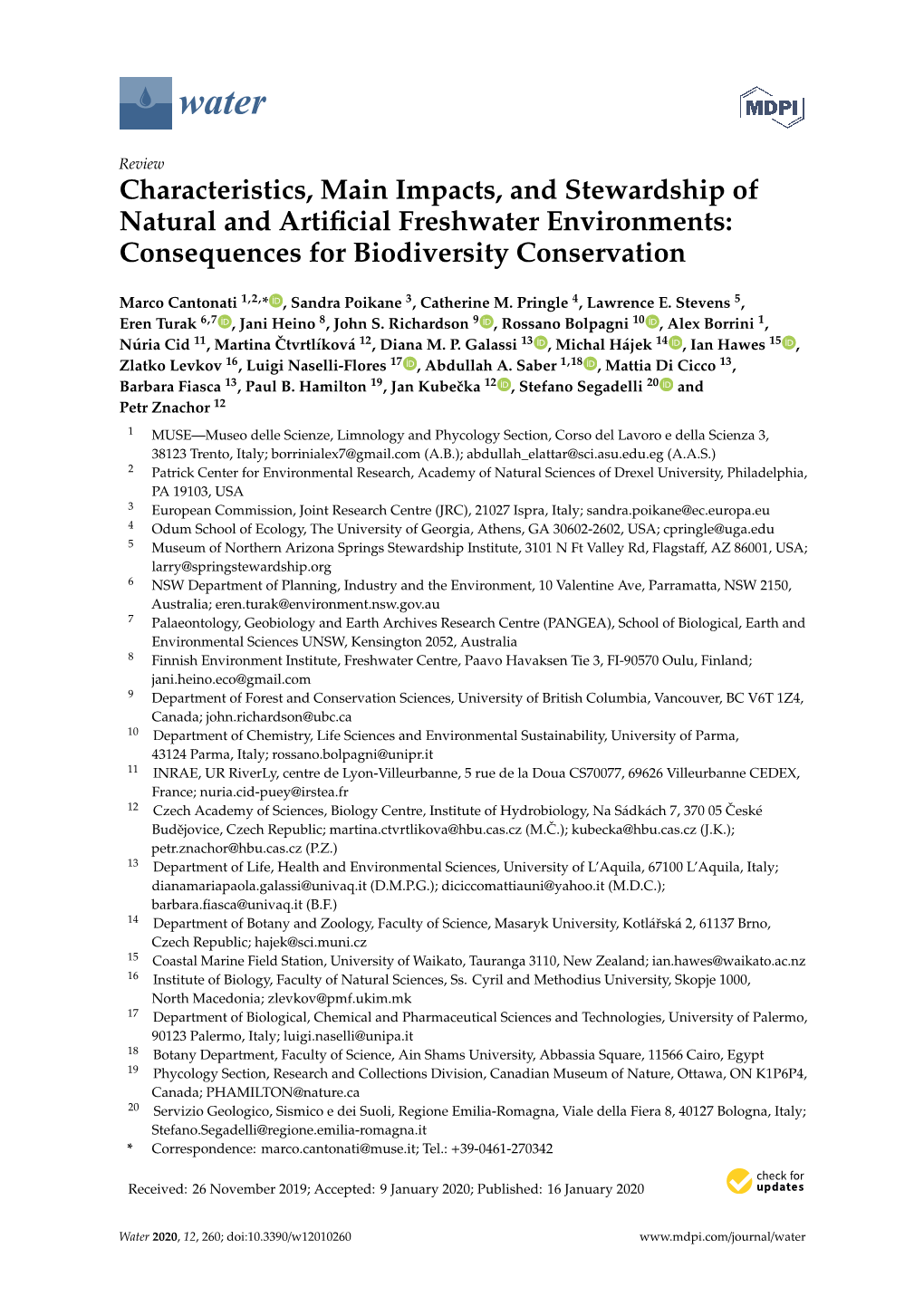 Characteristics, Main Impacts, and Stewardship of Natural and Artiﬁcial Freshwater Environments: Consequences for Biodiversity Conservation