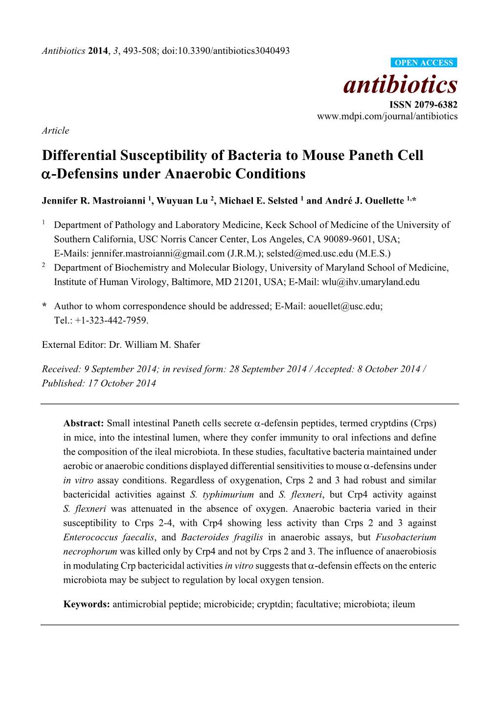 Differential Susceptibility of Bacteria to Mouse Paneth Cell -Defensins Under Anaerobic Conditions