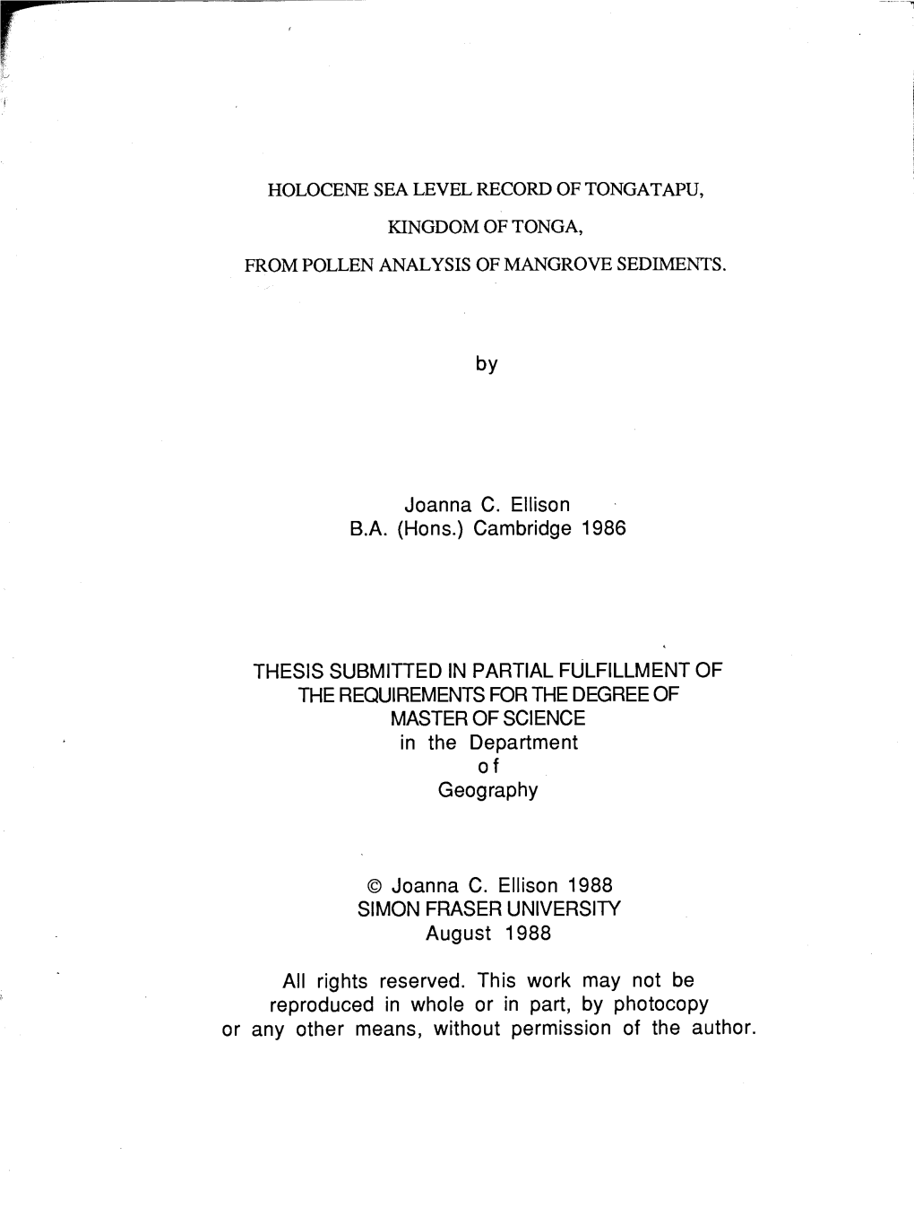 Holocene Sea Level Record of Tongatapu, Kingdom of Tonga, from Pollen Analysis of Mangrove Sediments