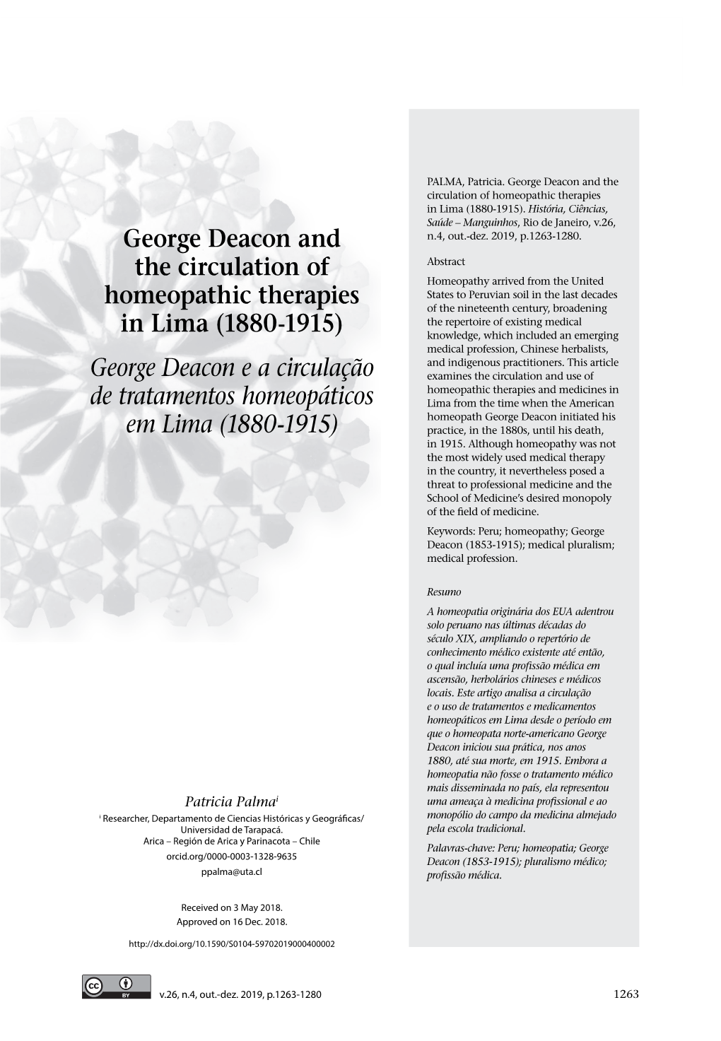 George Deacon and the Circulation of Homeopathic Therapies in Lima (1880-1915)