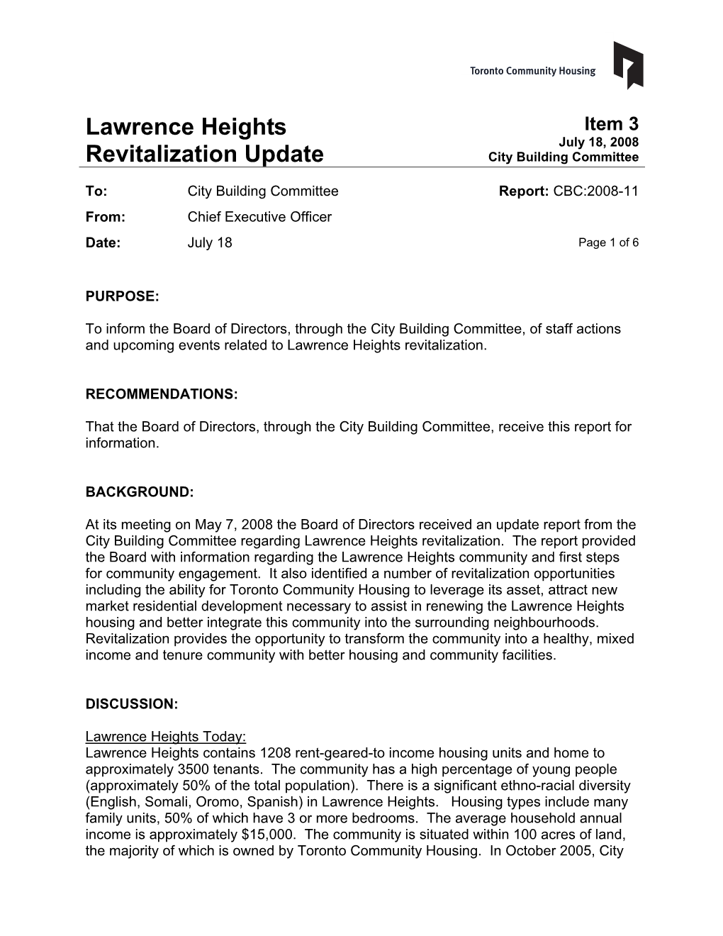 Lawrence Heights Revitalization Update Report: CBC:2008-11 Page 2 of 5