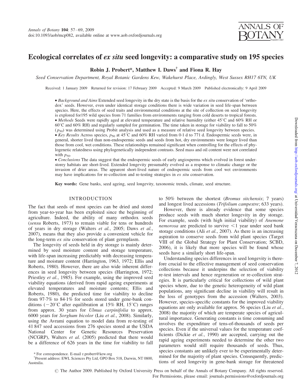 Ecological Correlates of Ex Situ Seed Longevity: a Comparative Study on 195 Species