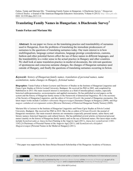 Translating Family Names in Hungarian: a Diachronic Survey1