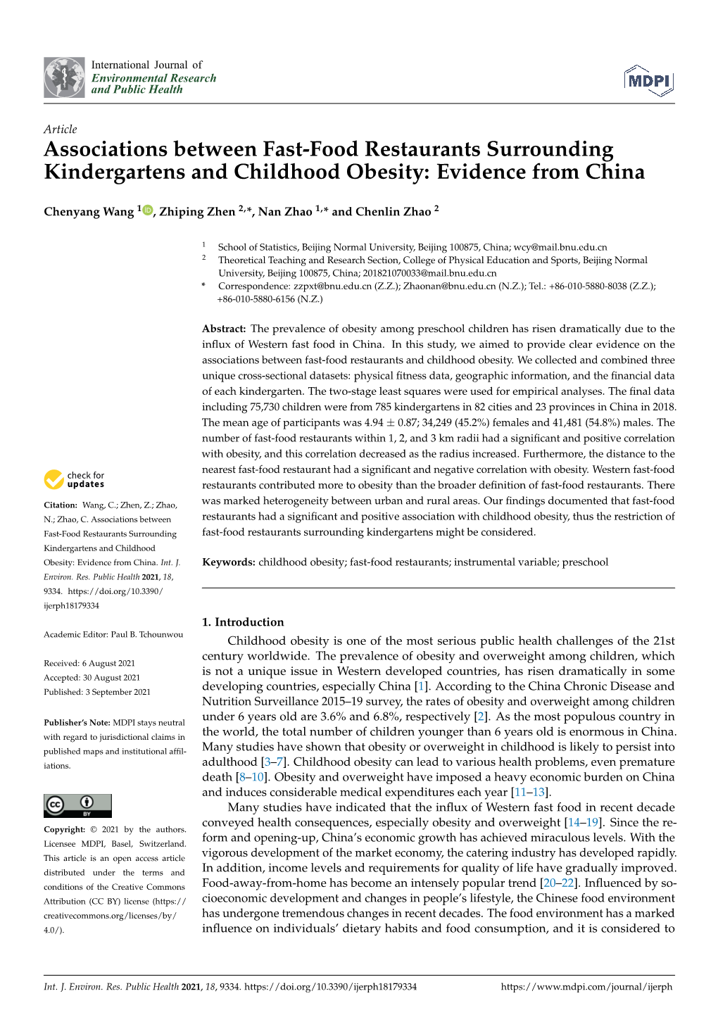 Associations Between Fast-Food Restaurants Surrounding Kindergartens and Childhood Obesity: Evidence from China