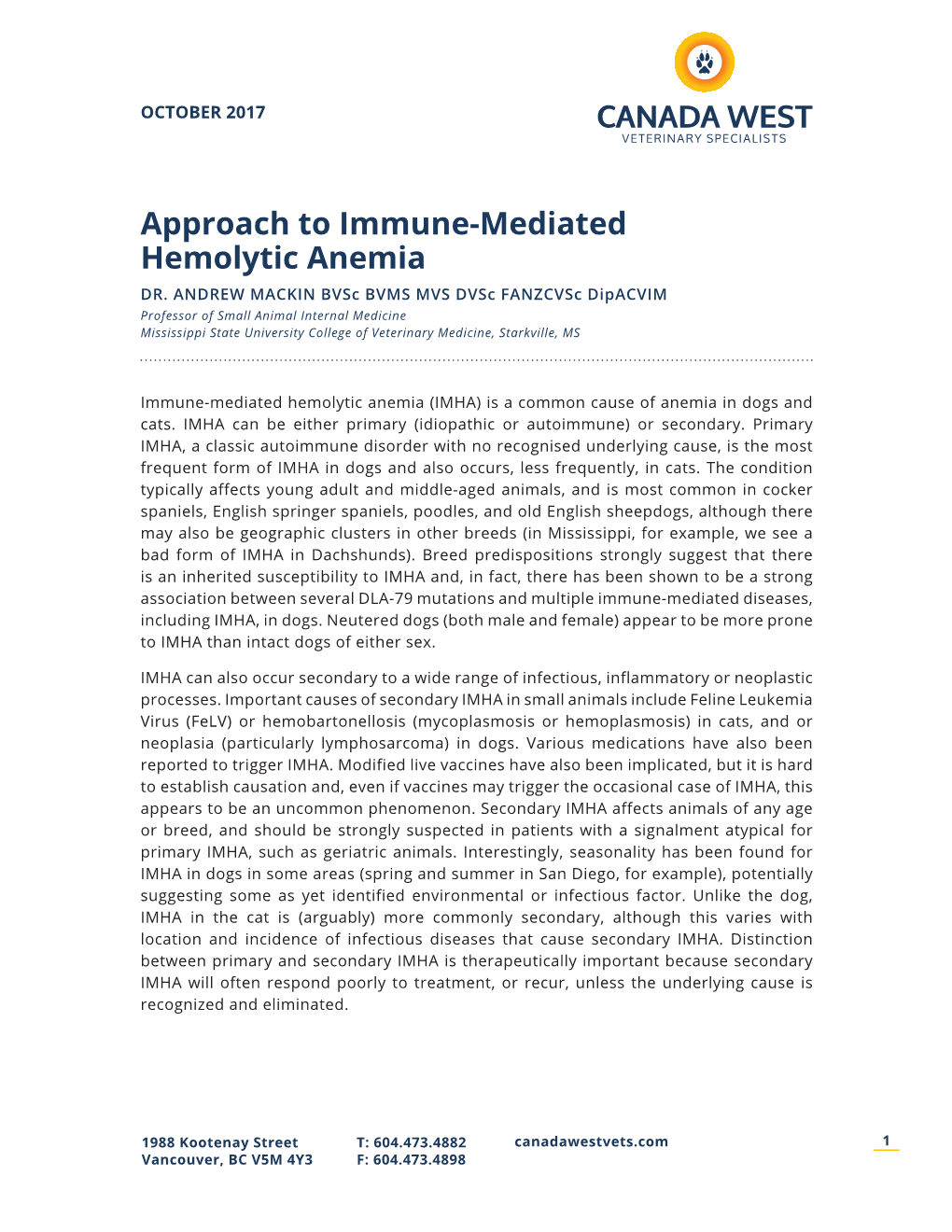 Approach to Immune-Mediated Hemolytic Anemia DR