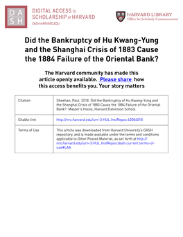 Did the Bankruptcy of Hu Kwang-Yung and the Shanghai Crisis of 1883 Cause the 1884 Failure of the Oriental Bank?
