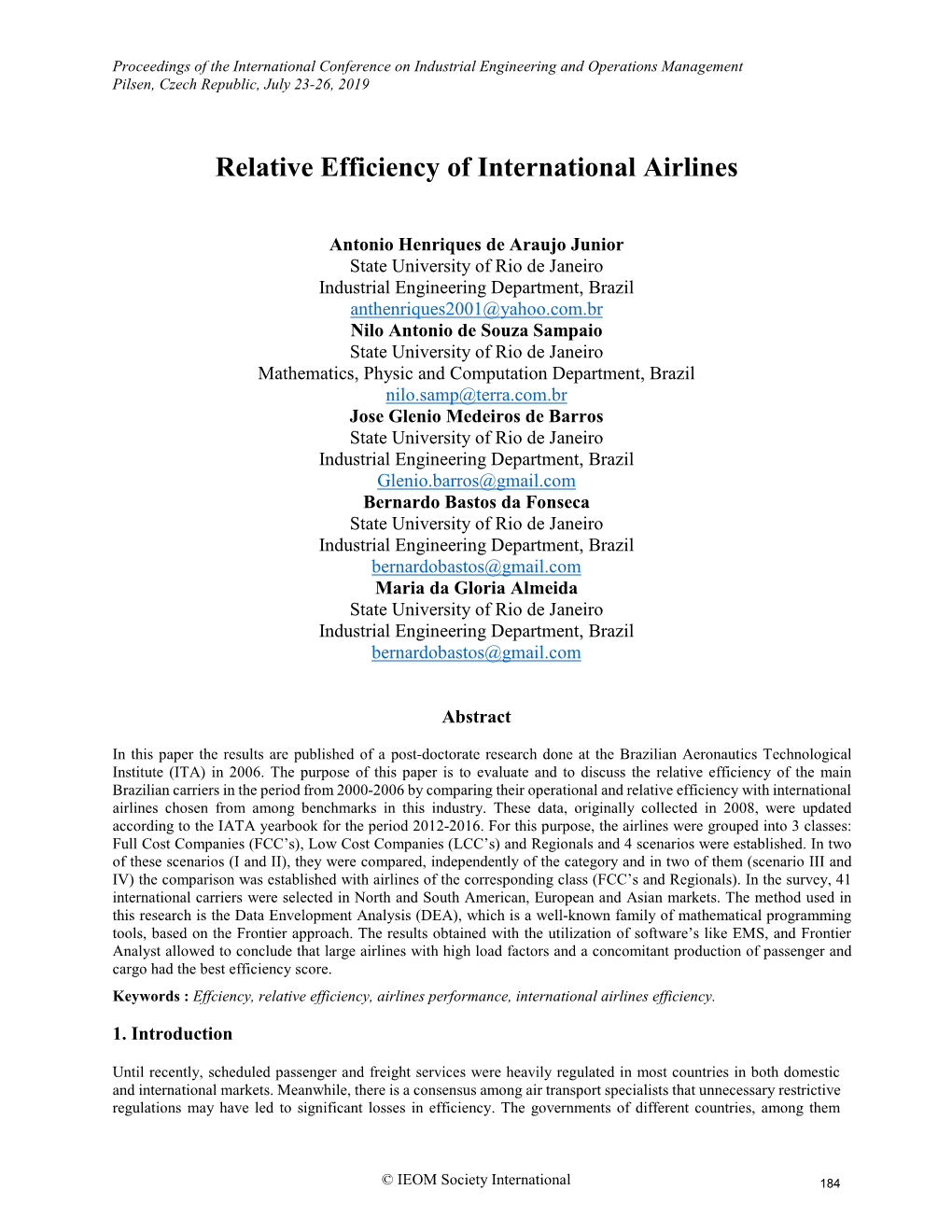 ID 71 Relative Efficiency of International Airlines