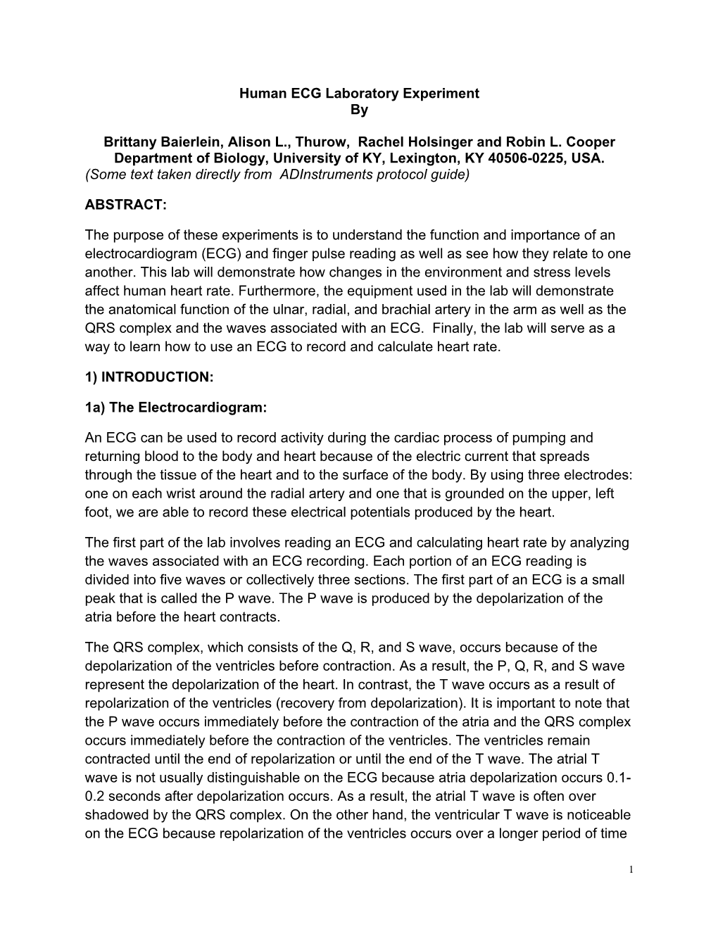 Human ECG Laboratory Experiment by Brittany Baierlein, Alison L