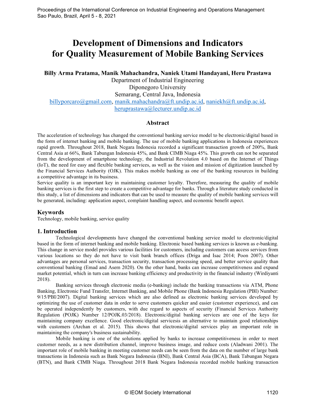 Development of Dimensions and Indicators for Quality Measurement of Mobile Banking Services