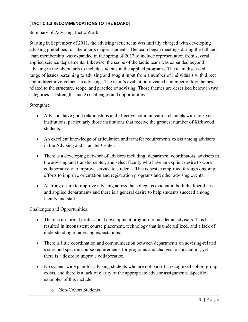 Tactic 1.3 Recommendations To The Board