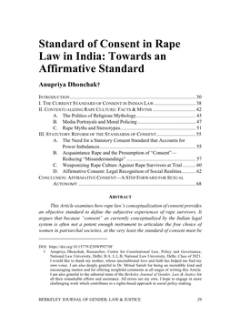 Standard of Consent in Rape Law in India: Towards an Affirmative Standard