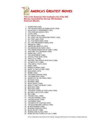 This Is the American Film Institute's List of the 400 Movies Nominated for the Top 100 Greatest American Movies